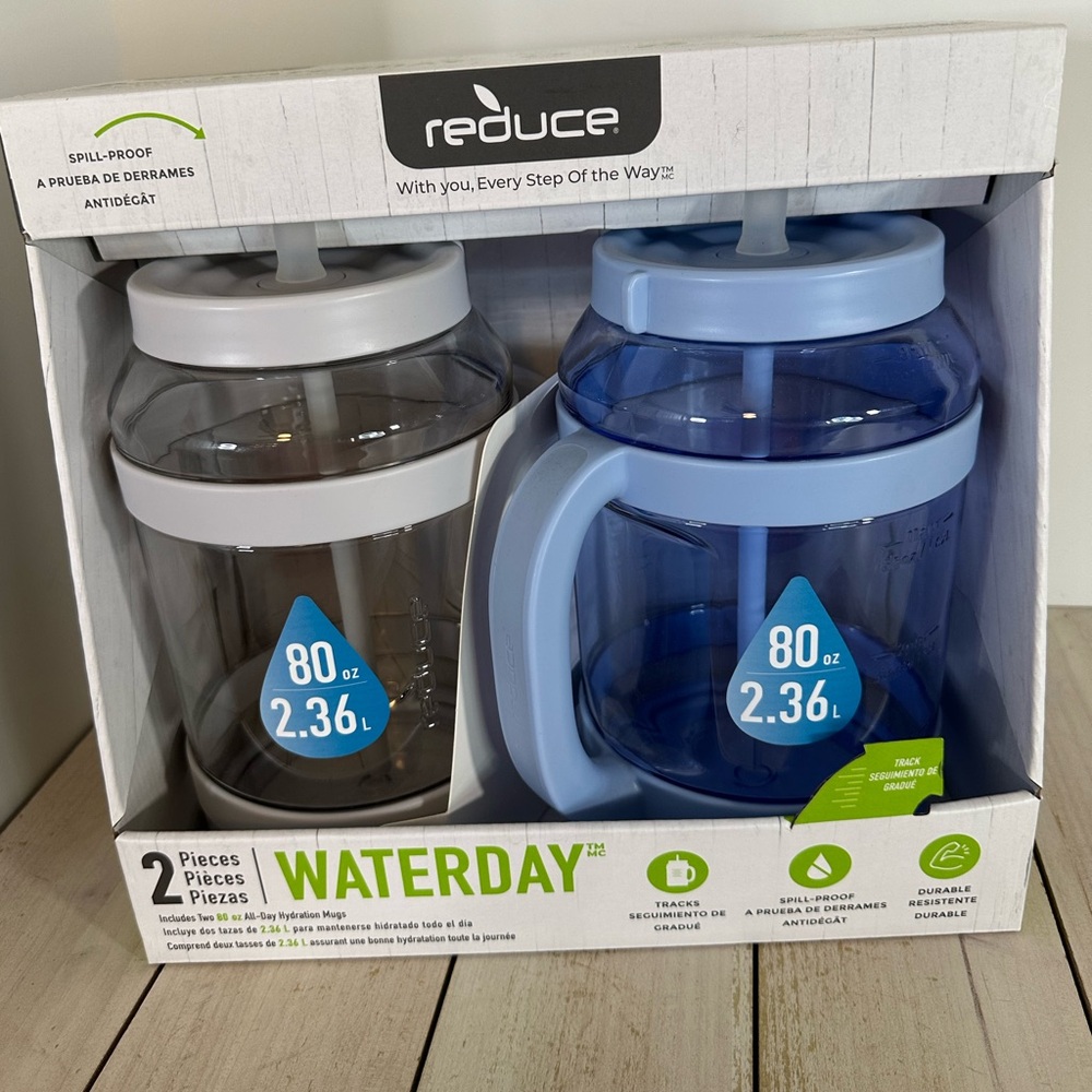 Waterday 2-Piece Set - Blue and White/clear 80 ounce, 2.36 liters water bottles